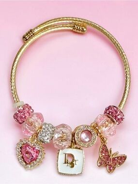 Pink Crystal Heart Butterfly Stainless Steel Adjustable Wrap Charm Bracelet